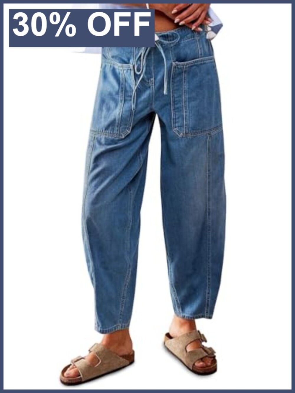 Wide Leg Cropped Denim Pants Elastic Waist Drawstring Casual Jeans